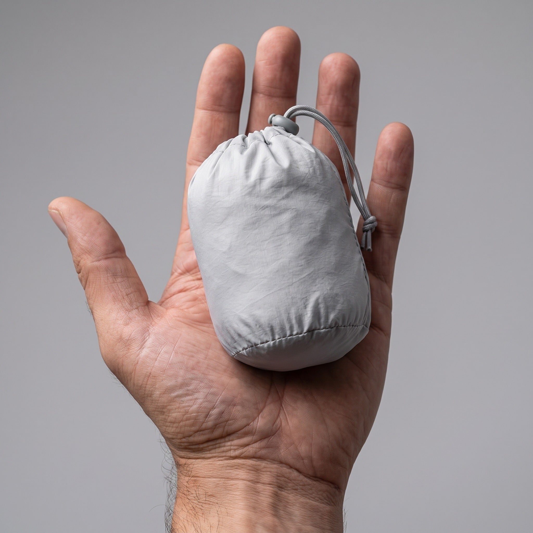 Windbreaker packed into its own pouch, held in one hand