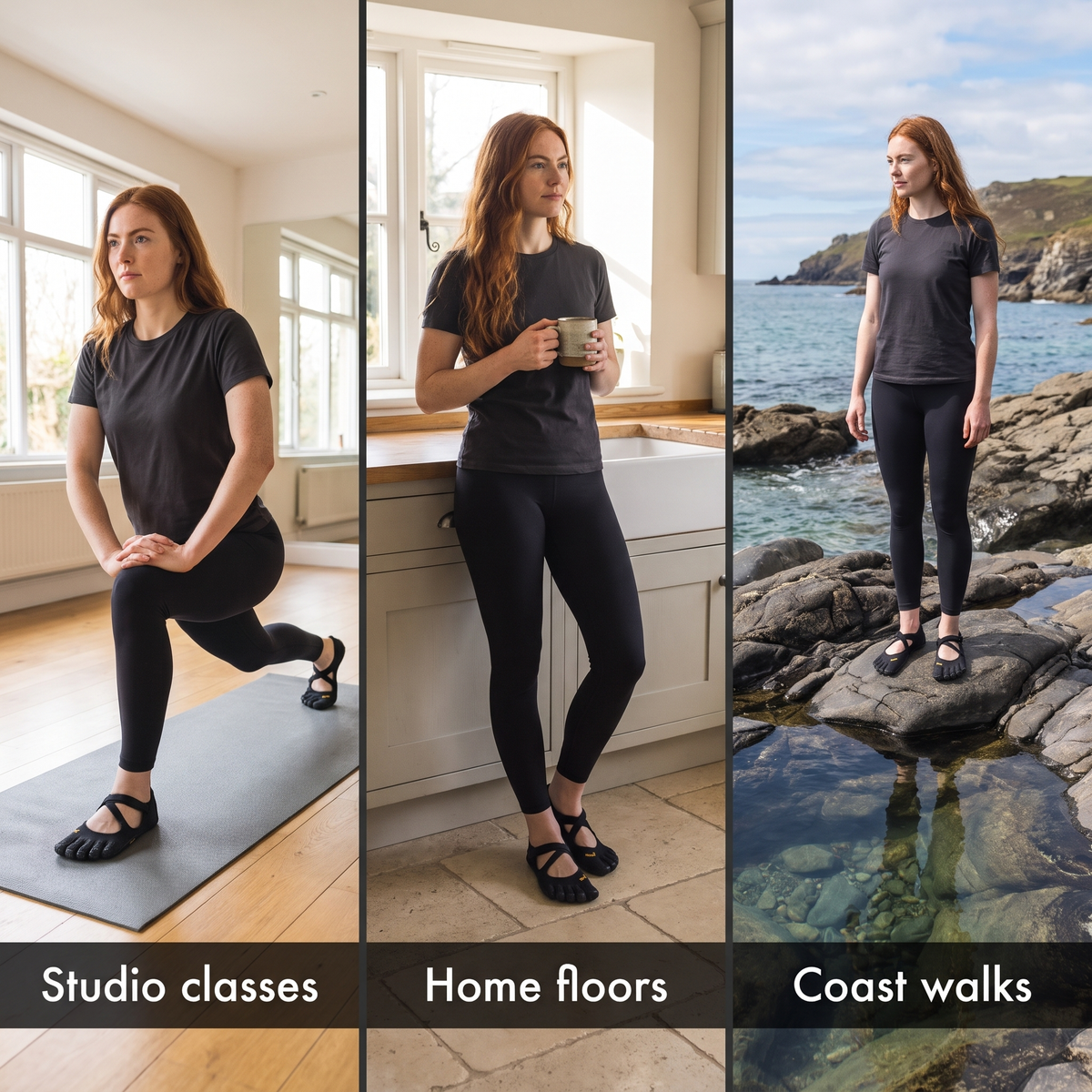 Five toe barefoot shoes worn in a studio class, at home on stone floors and on a coast walk