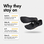 Customer review cards beside a pair of black five toe barefoot shoes