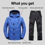 SUPERSEDED - Men's Ski Suit features: hood with drawcords, storm flap, five zip pockets, braces and belt, knit cuffs