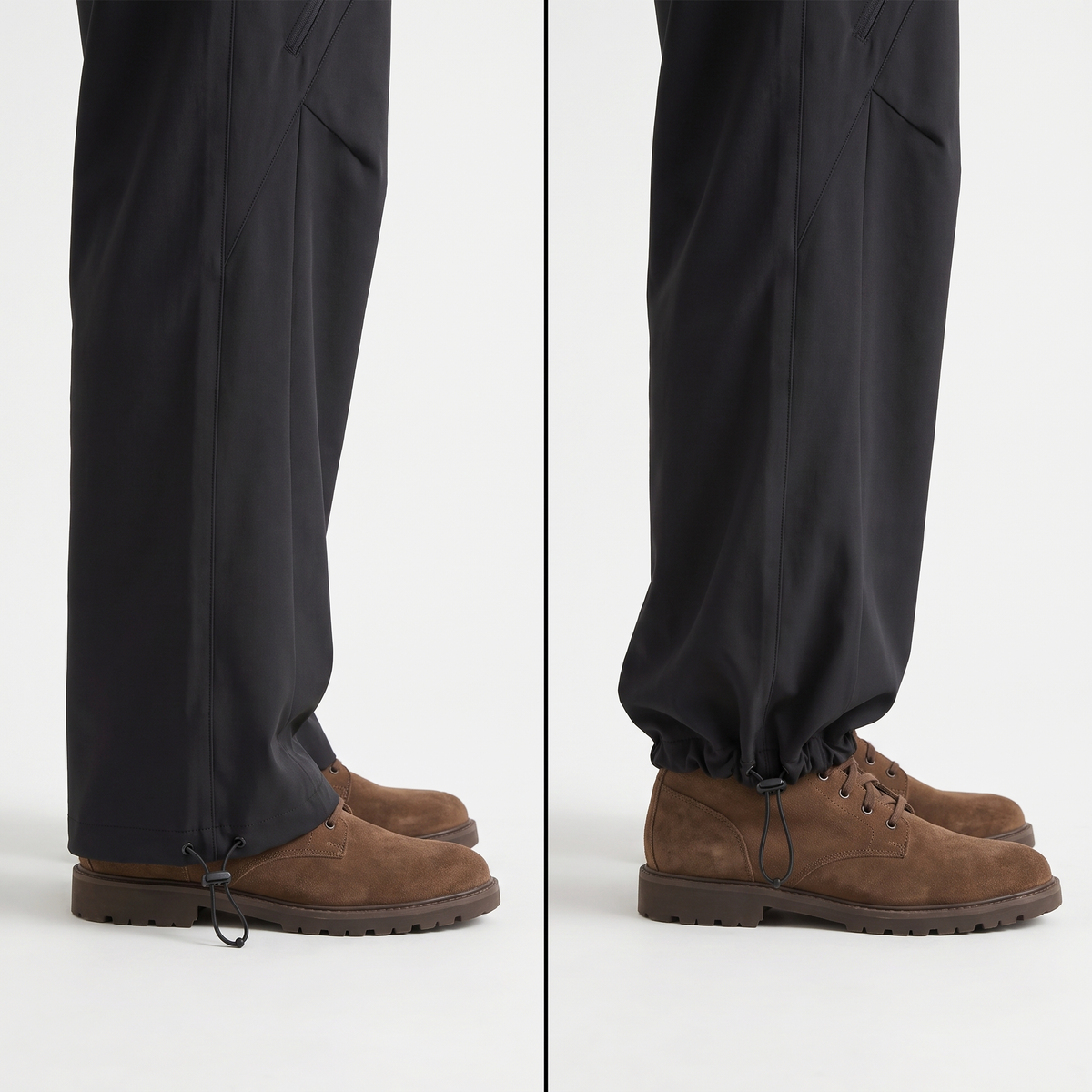 The hem of the women's walking trousers shown two ways side by side, falling open and wide on the left and drawn closed into a cuff on the right