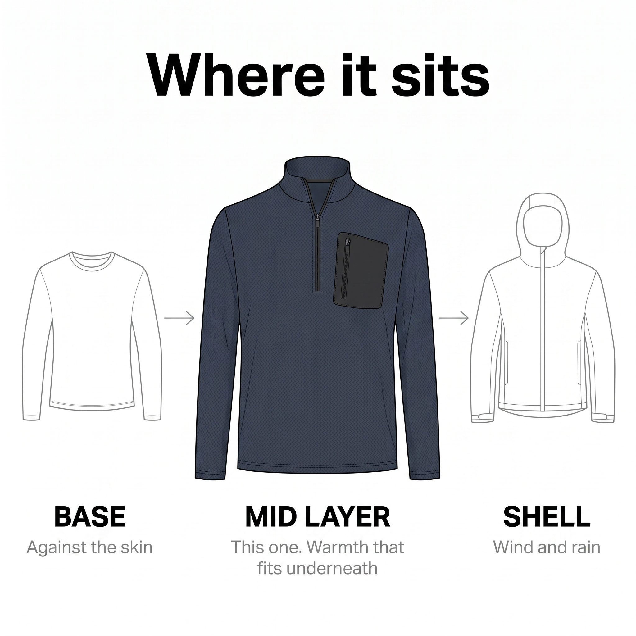 Where it sits: base layer, mid layer, shell
