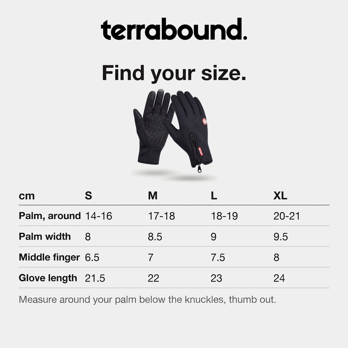 Touchscreen gloves size chart in cm, S to XL