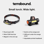 Head torch features: round spot LED, wide COB flood bar, magnet in the end cap, switch and USB port at the orange end