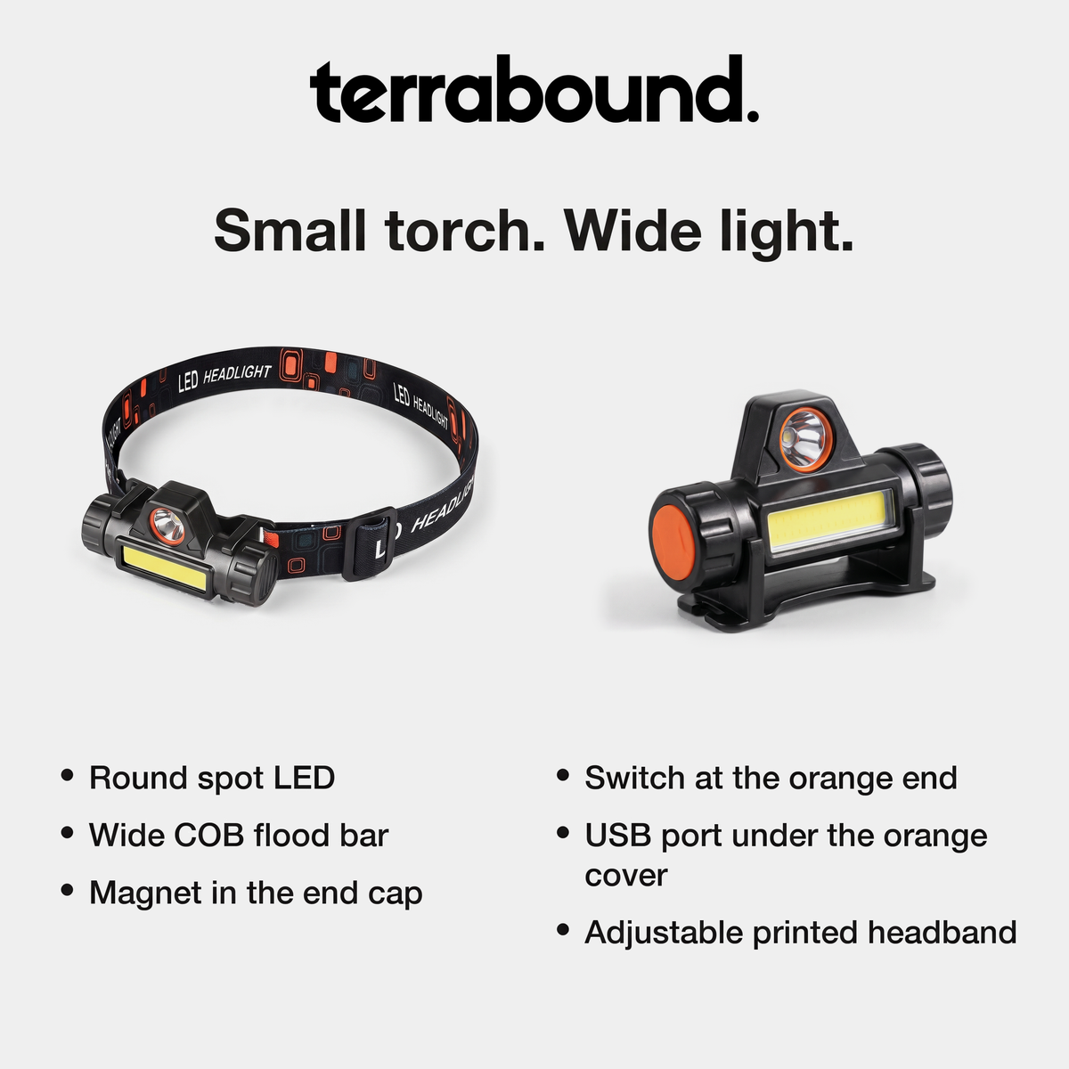 Head torch features: round spot LED, wide COB flood bar, magnet in the end cap, switch and USB port at the orange end