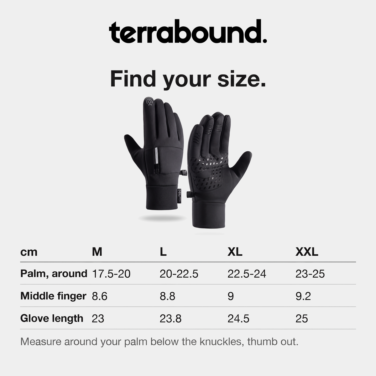 Running gloves size chart in cm, M to XXL