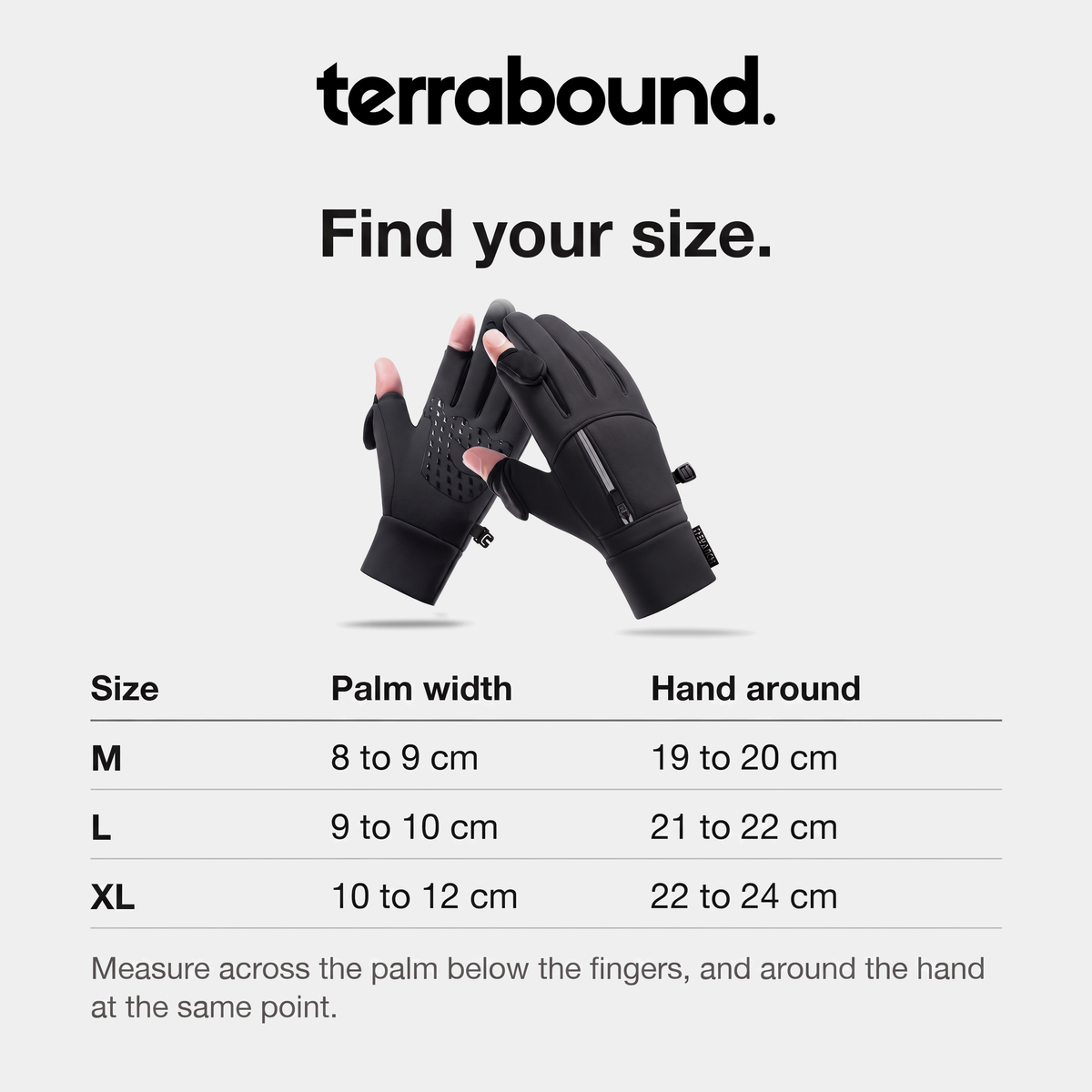 Winter gloves size guide: M, L and XL by palm width and hand circumference in centimetres