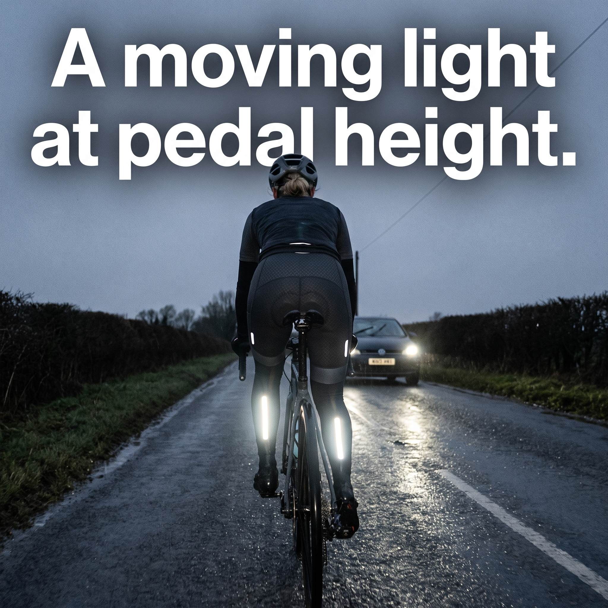 Reflective strips on each leg lit by headlights on a road at dusk