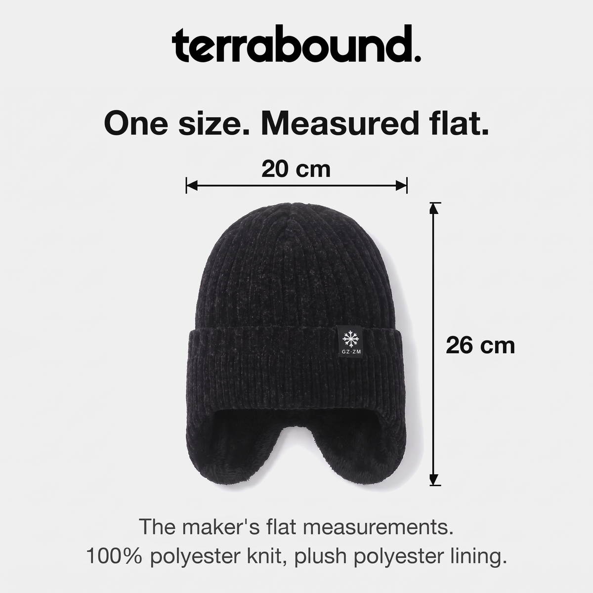 Men's winter hat size guide, one size, measured flat 20 cm wide and 26 cm tall
