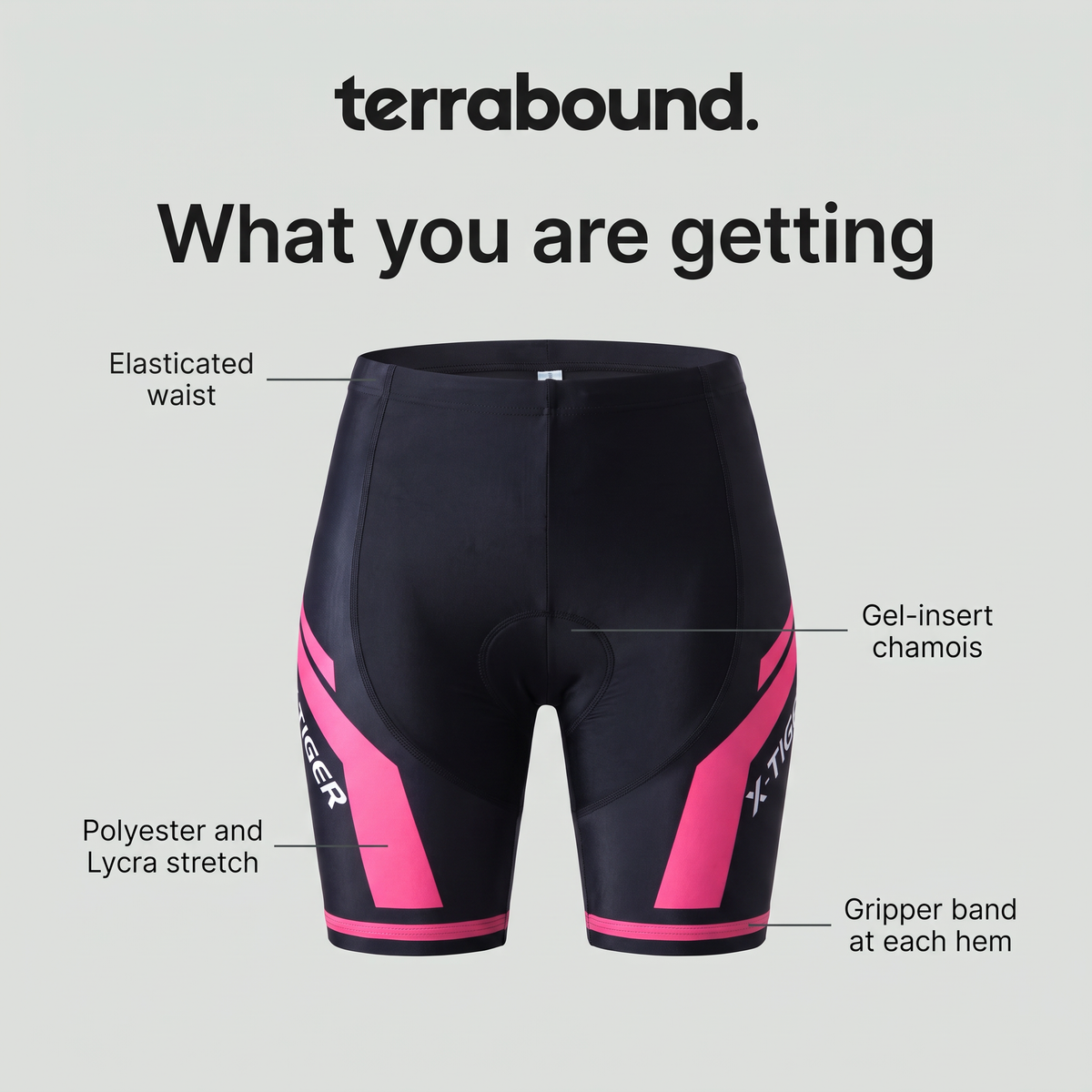 Women's Cycling Shorts features: gel-insert chamois, gripper band at each hem, elasticated waist, polyester and Lycra stretch