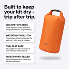 Dry bag feature summary: ripstop, roll-top, oval base, floats