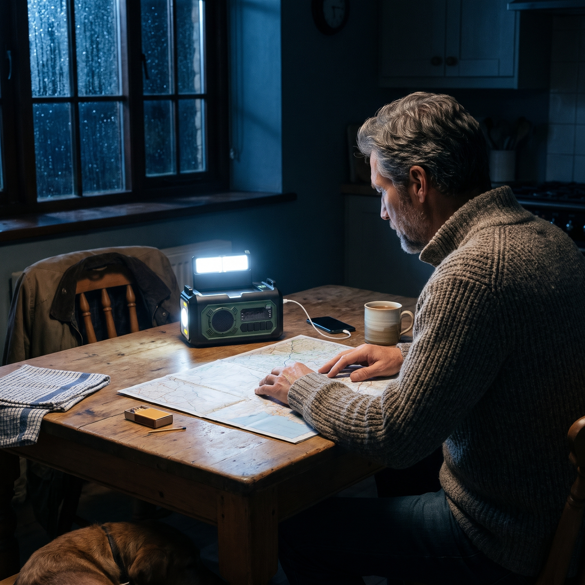 Man reading a map by the light of the emergency radio's reading lamp during a power cut, phone on charge