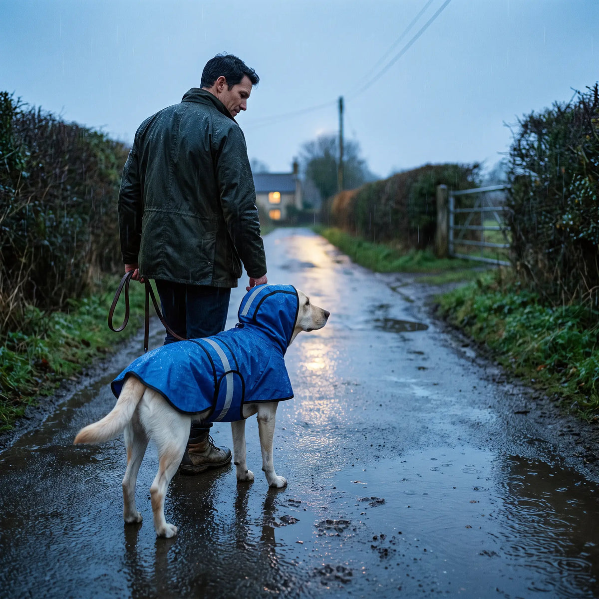 Man walking a Labrador in the Blue hooded dog raincoat down a wet country lane at dusk