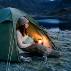 Woman in a tent at dusk holding a hot water bottle