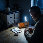 Man listening to the wind up radio at the kitchen table during a storm power cut