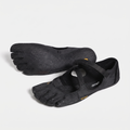 Women's barefoot five toe shoes in black, a pair with one sole turned up to show the toe pads