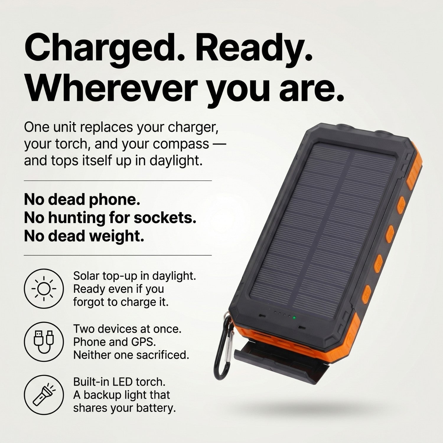 Solar Power Bank 20000mAh - Portable Solar Charger for Hiking & Camping