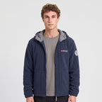 Men's navy blue windproof fleece jacket worn, front view with contrast hood lining