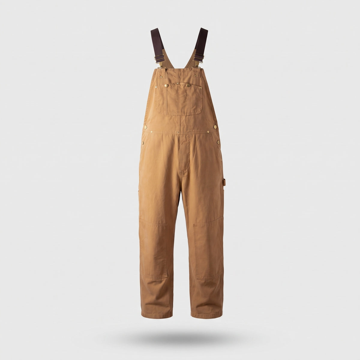 Camel canvas bib dungarees, front view