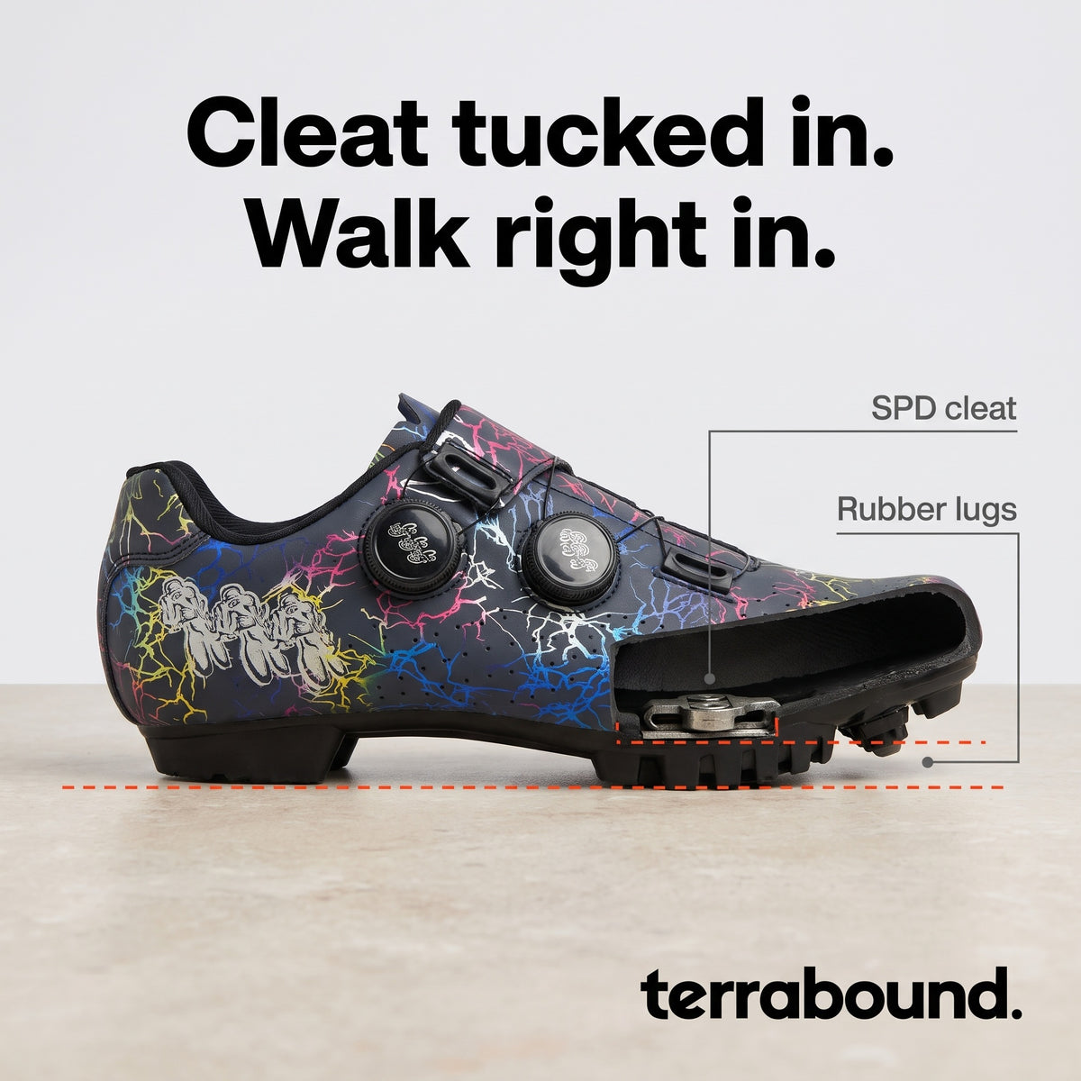 Cutaway of the mountain bike sole showing the SPD cleat tucked above the floor between rubber lugs