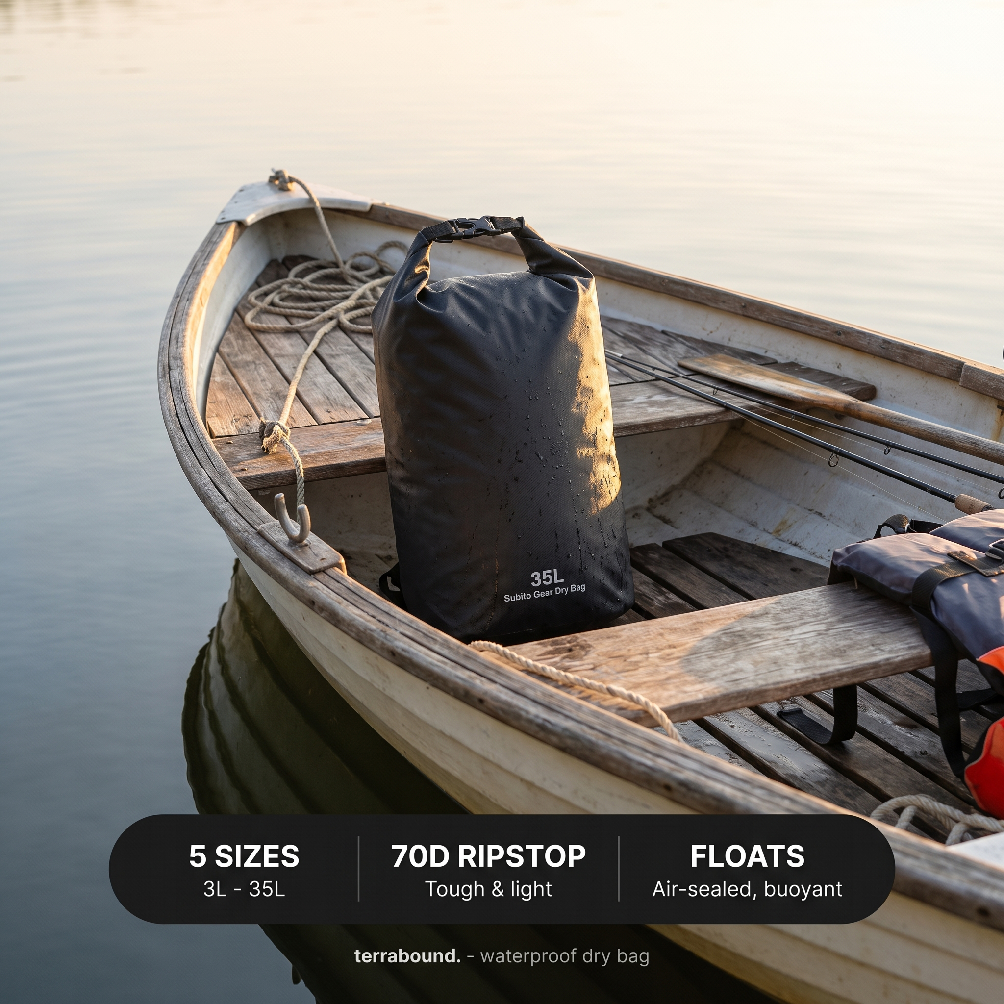 Dry bag stowed on a boat, key features