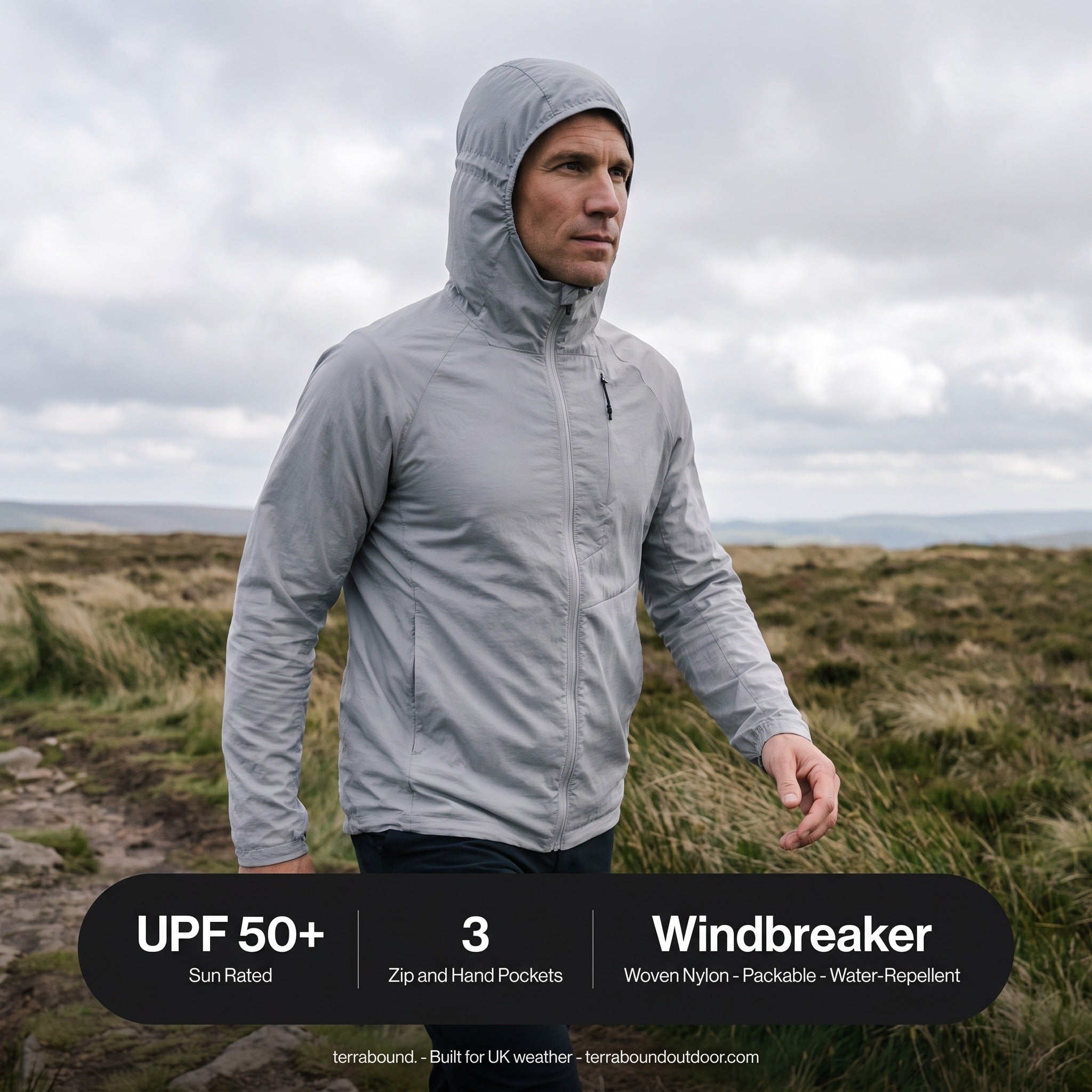 Windbreaker specifications, UPF 50+ and three pockets