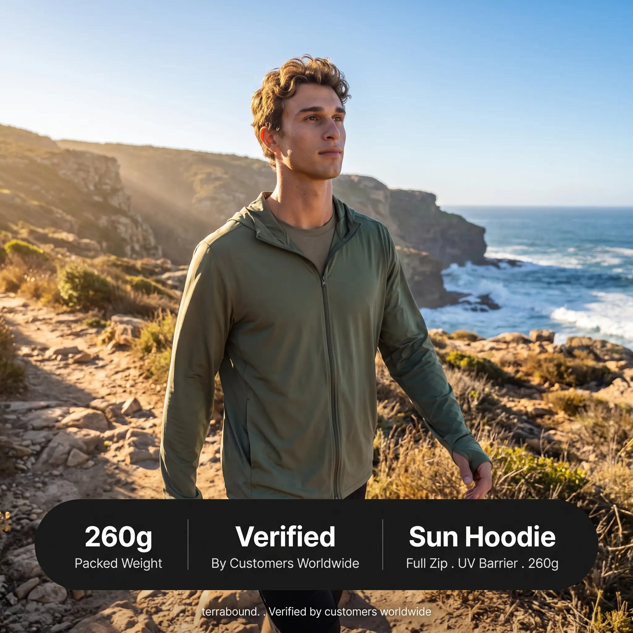 Man walking a coastal path wearing the sun hoodie, with packed weight stat overlay