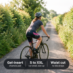 Woman riding a British country lane in the Women's Cycling Shorts: gel-insert chamois pad, sizes S to XXL cut small, waist cut with no bib straps