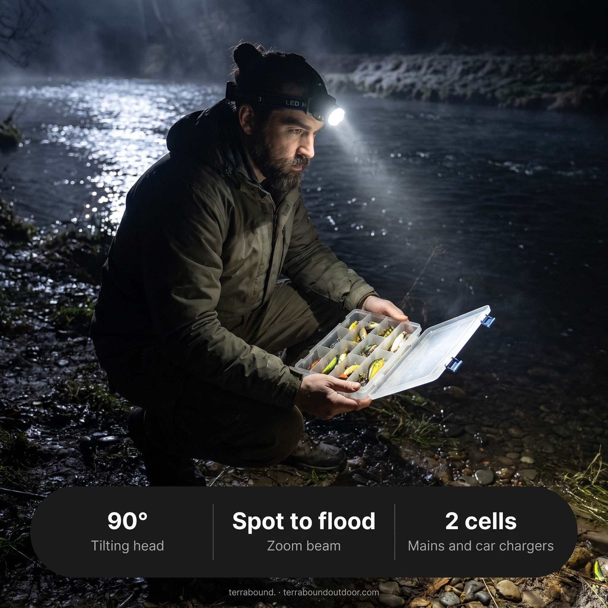 Angler at a riverbank at night wearing the head torch, with key specifications