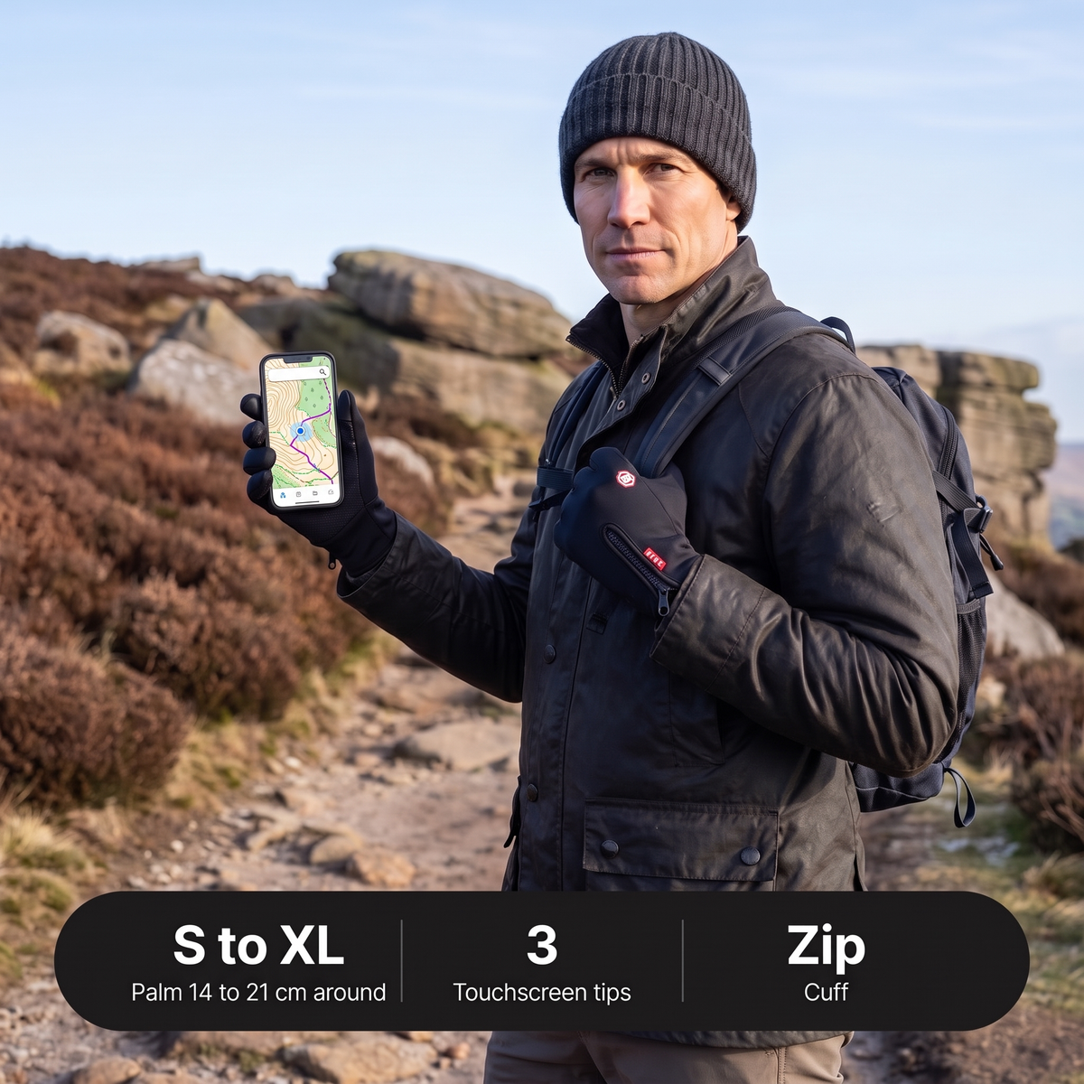 Hill walker holding a map on his phone, sizes S to XL, three touchscreen tips, zip cuff