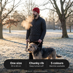 Man walking a dog on a frosty morning wearing the beanie, with key details