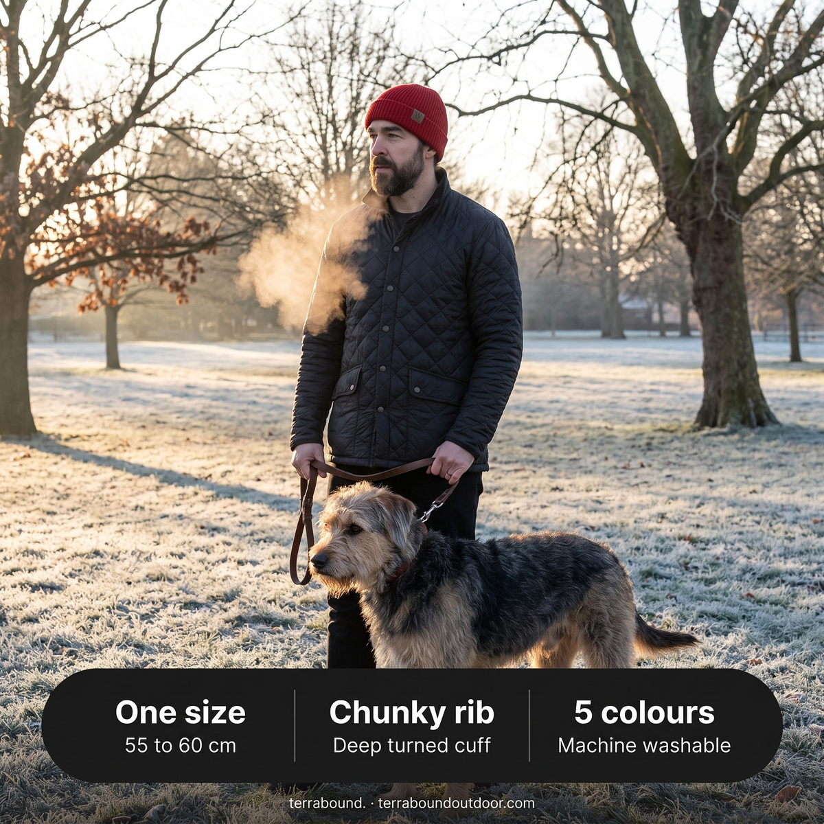 Man walking a dog on a frosty morning wearing the beanie, with key details