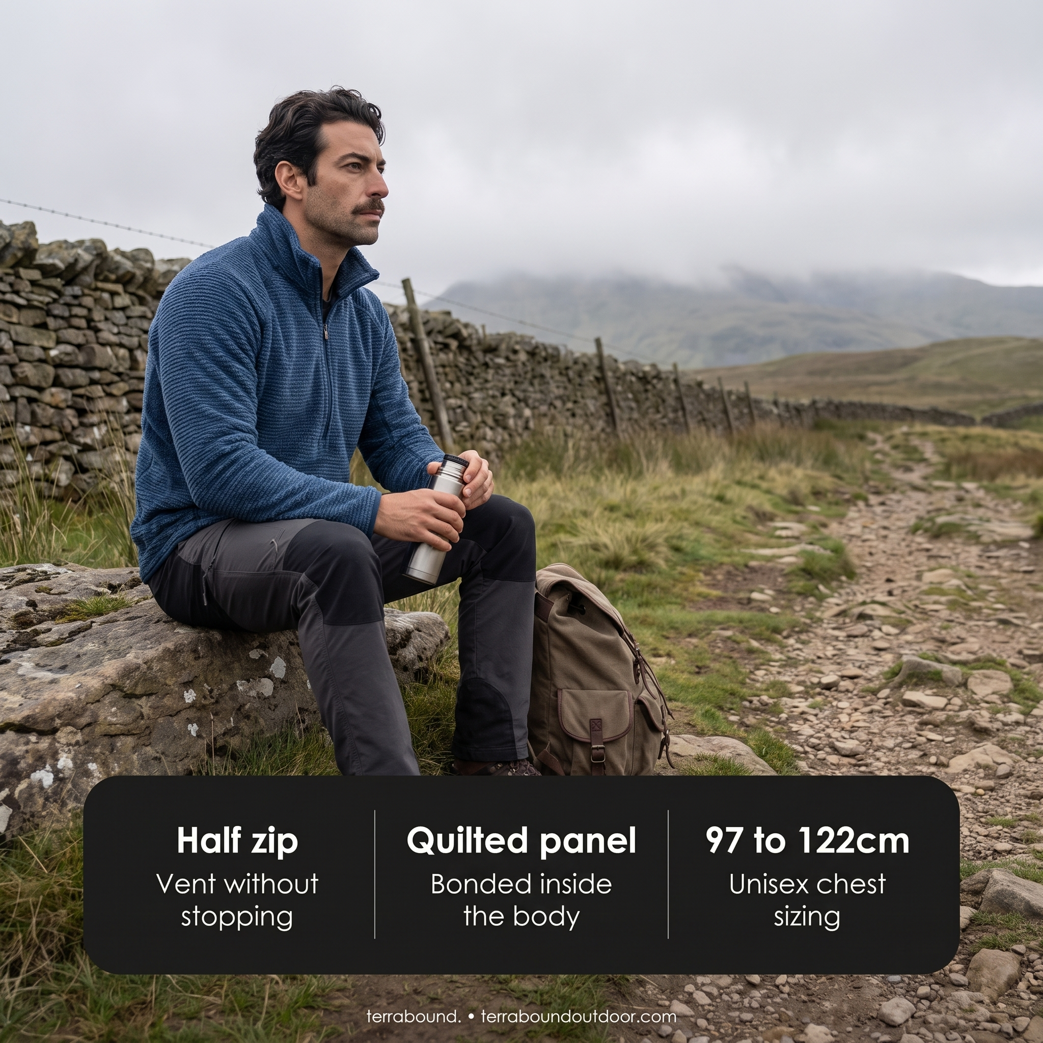 Wearing the half zip fleece on an upland path, with the key details