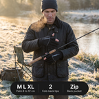 Angler on a frosty riverbank in England wearing the gloves: sizes M, L and XL, two fold-back tips, zip back pocket