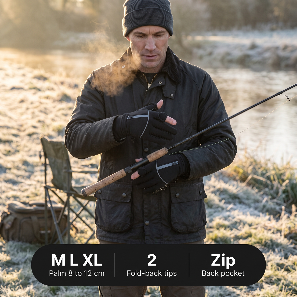 Angler on a frosty riverbank in England wearing the gloves: sizes M, L and XL, two fold-back tips, zip back pocket