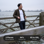 Man at a farm gate in winter wearing the white base layer top under a work jacket: 2 pieces, 94% polyester, XS to XXL