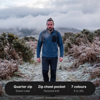 Man walking on a frosty moorland track, with key details