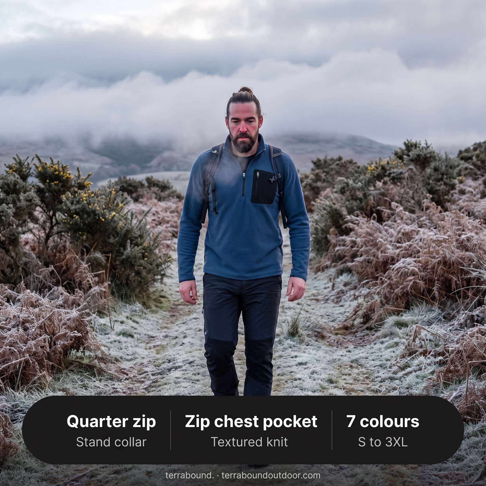 Man walking on a frosty moorland track, with key details