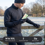 Runner checking a map on his phone in a park, sizes M to XXL, two touchscreen tips, zip back pocket