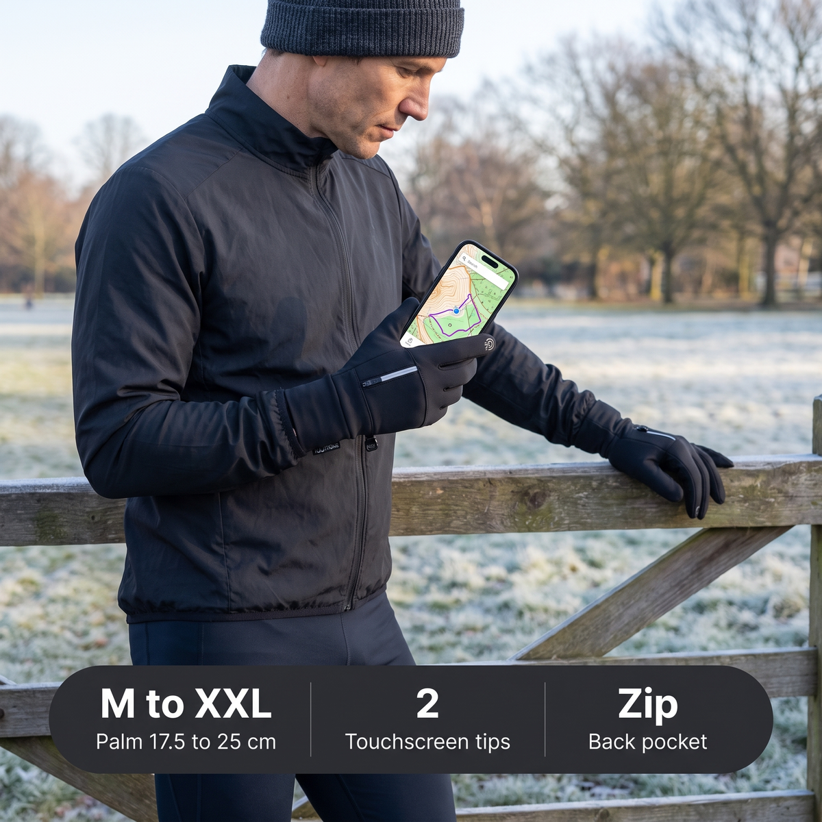 Runner checking a map on his phone in a park, sizes M to XXL, two touchscreen tips, zip back pocket