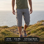 3/4 cargo shorts on a coast path, 4.7 star rating, sizes S to 4XL