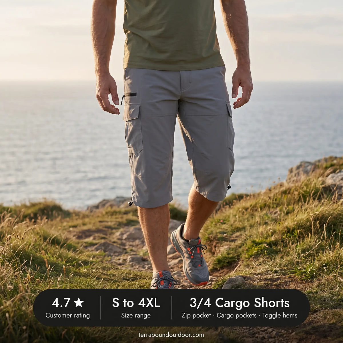 3/4 cargo shorts on a coast path, 4.7 star rating, sizes S to 4XL