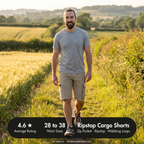 Man walking a countryside footpath in the cargo shorts with product ratings