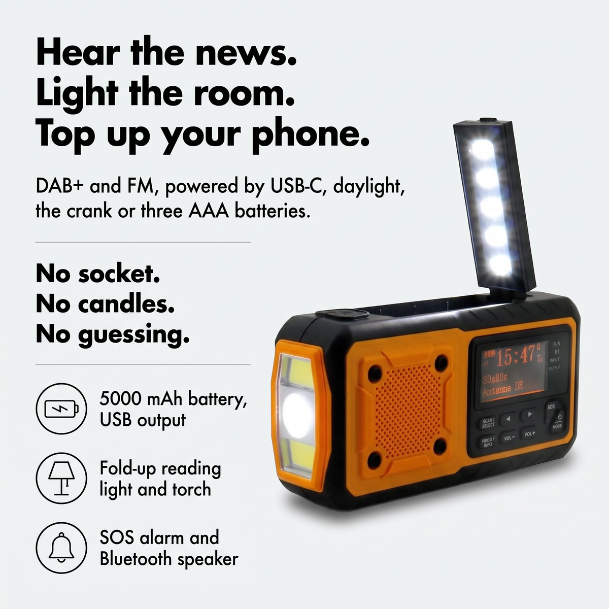 Wind up radio infographic: hear the news, light the room, top up your phone