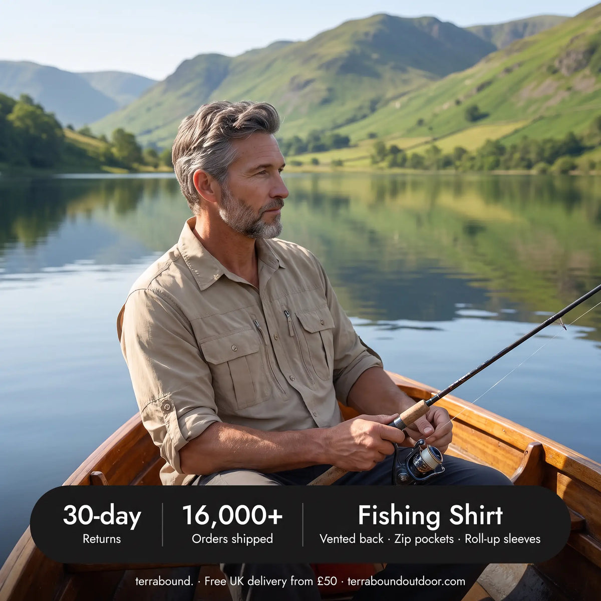 Man fishing from a rowing boat on a lake in the men's fishing shirt, with returns and order details