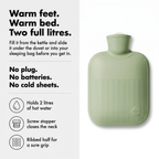 Hot water bottle infographic: warm feet, warm bed, two full litres