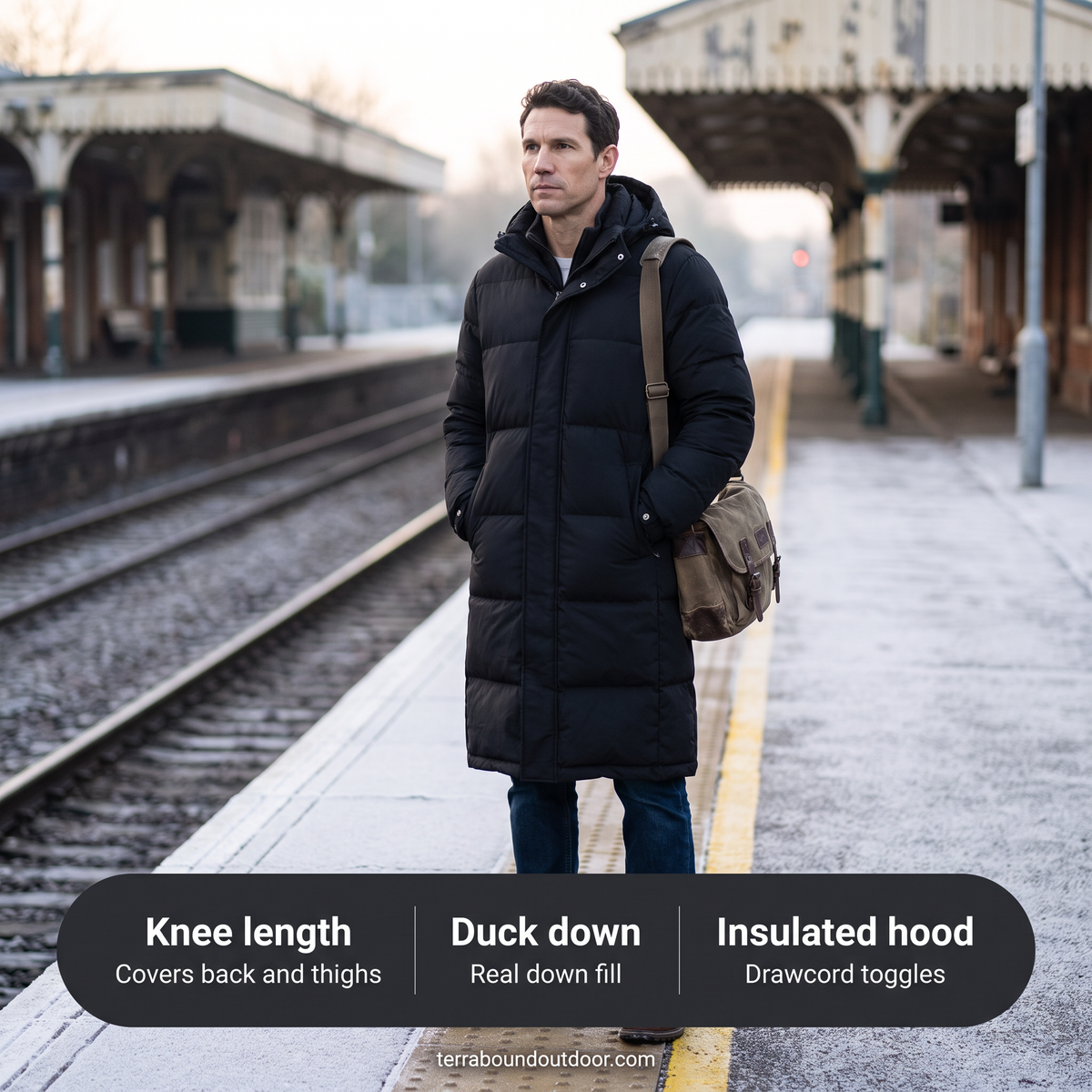 Man waiting on a frosty station platform in the long puffer coat, with key features