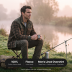 Man fishing on a river bank at dawn in the fleece lined check overshirt