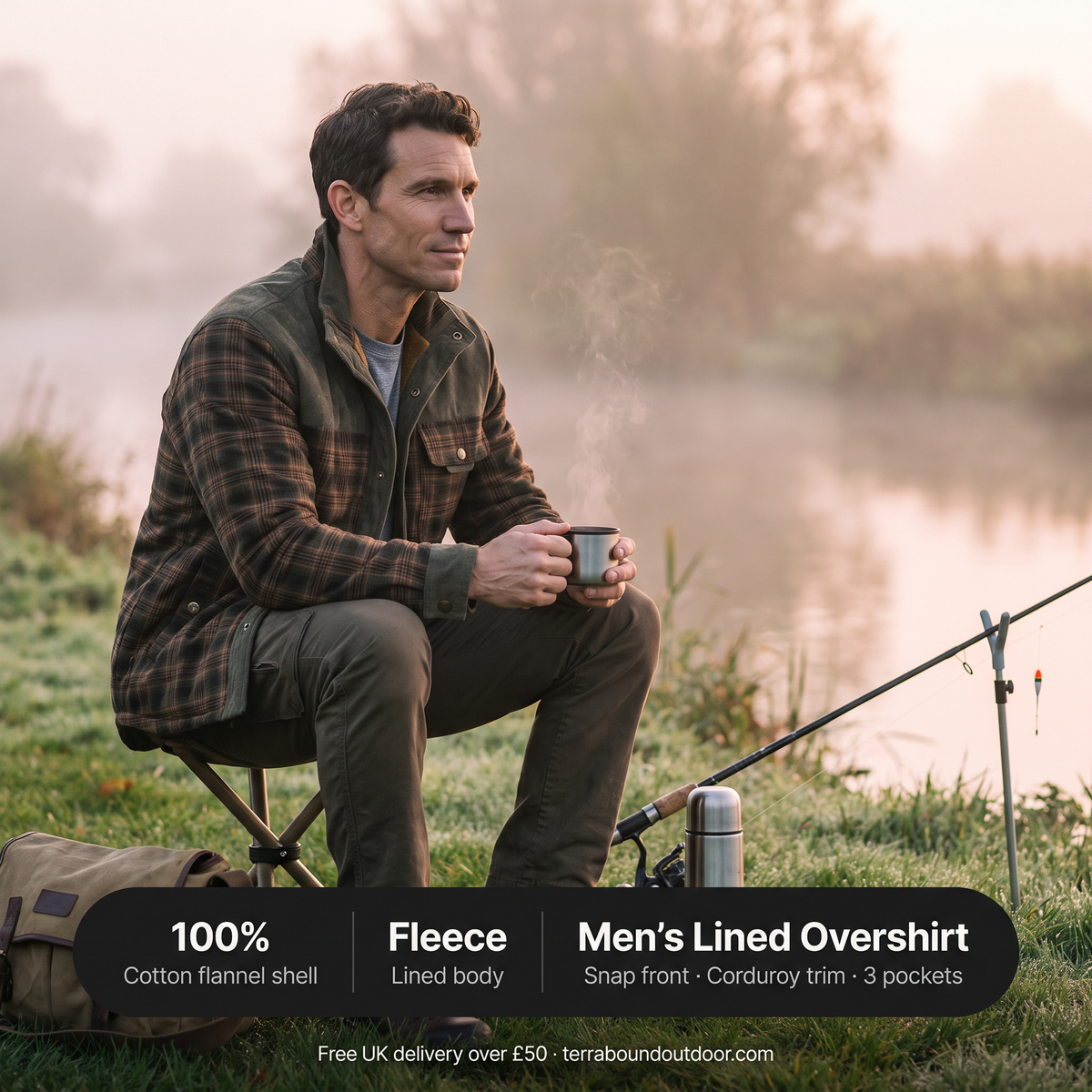 Man fishing on a river bank at dawn in the fleece lined check overshirt