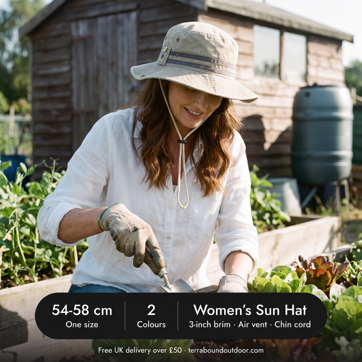 Woman gardening on an allotment in the Khaki sun hat, one size 54 to 58 cm, two colours